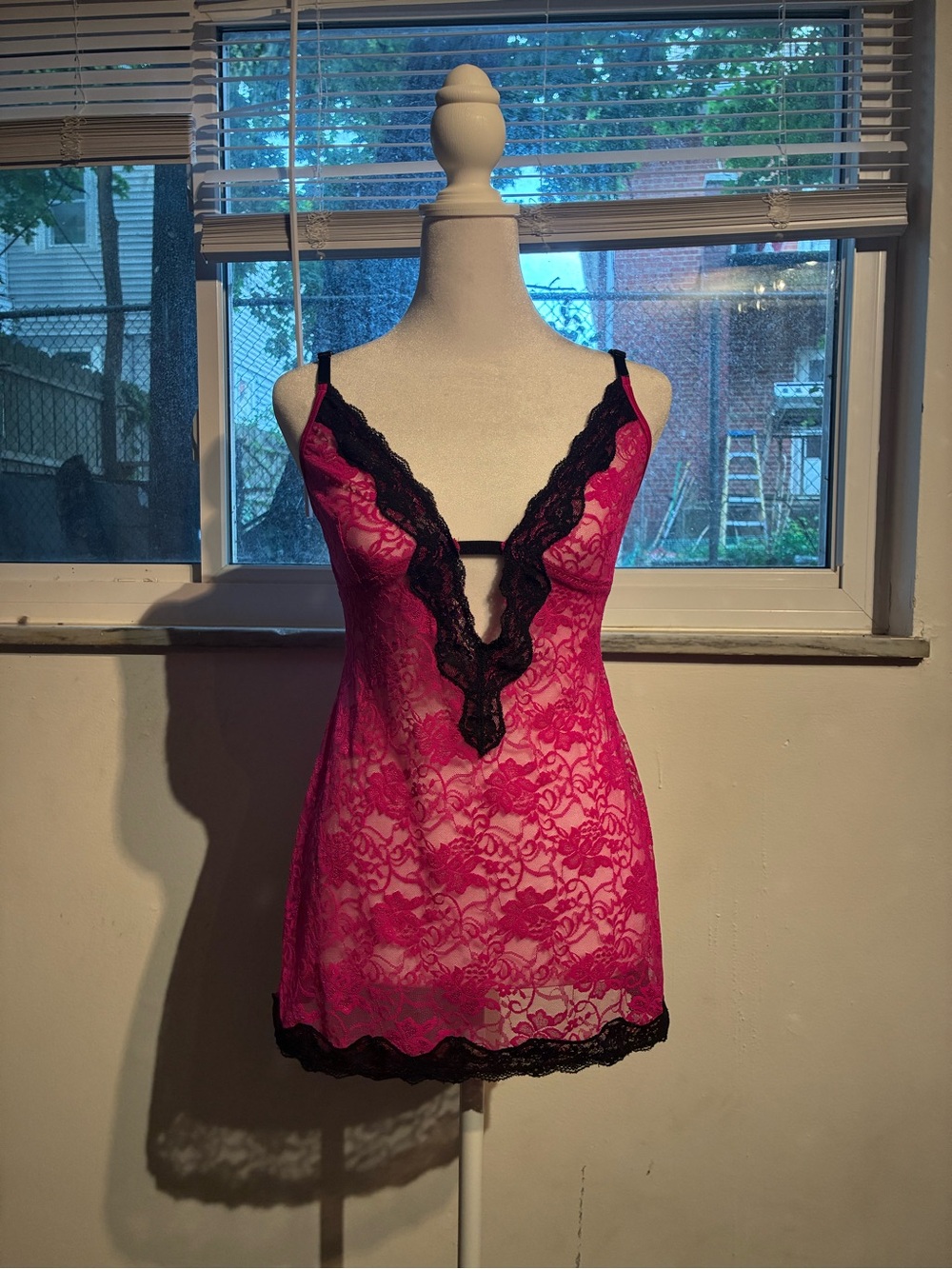 Frederick's of Hollywood Hot Pink Lace Chemise with Black Trim